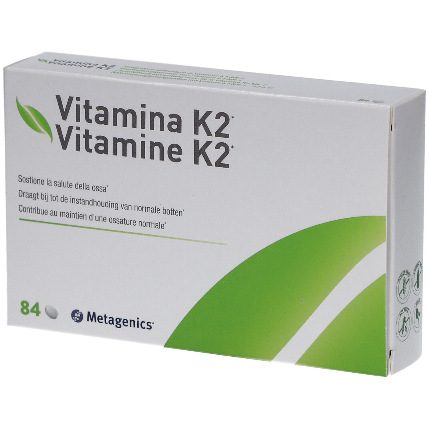 Boîte blanche avec "Vitamina K2". Contient 84 comprimés. Marque: Metagenics. Logo feuille verte.