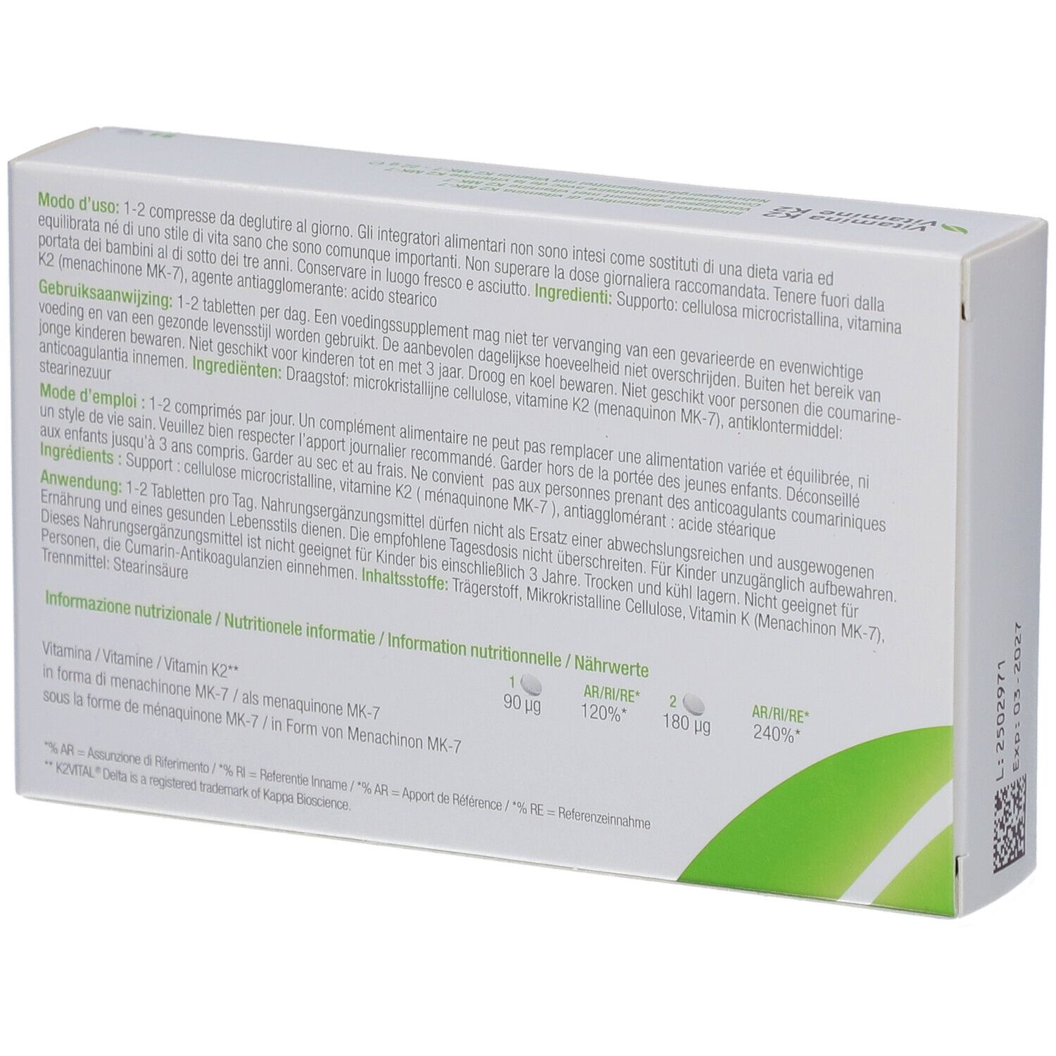 Dos de la boîte avec texte. Informations sur les ingrédients et le dosage. Marque: Metagenics.
