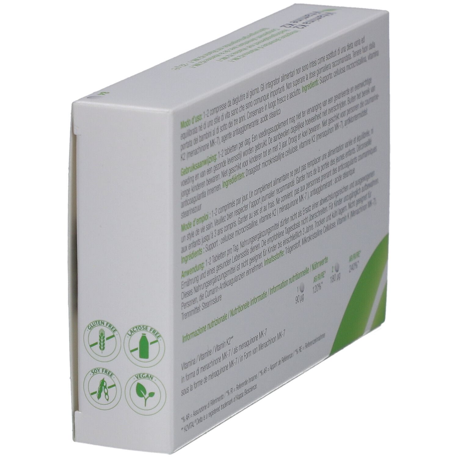 Dos de la boîte avec texte. Informations sur ingrédients et dosage. Logos: sans gluten, sans lactose, sans soja, vegan.