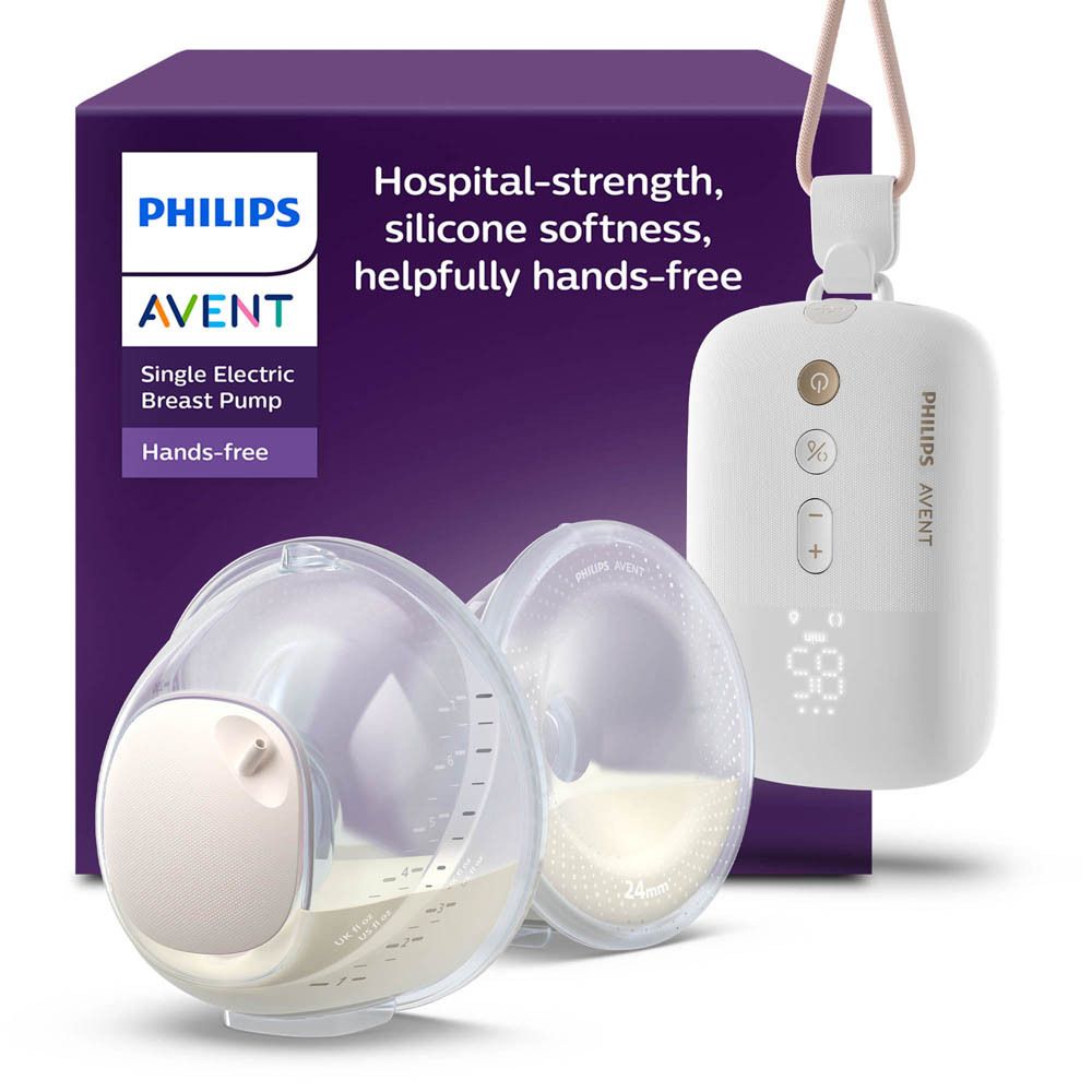 Tire-lait électrique simple Philips Avent. Appareil blanc, deux collecteurs. Cordon rose.