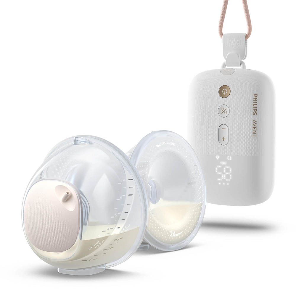 Tire-lait électrique simple Philips Avent. Appareil blanc, deux collecteurs. Cordon rose.