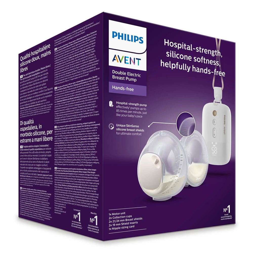 Emballage Philips Avent. Tire-lait électrique double. Image du produit et texte. Fond violet.