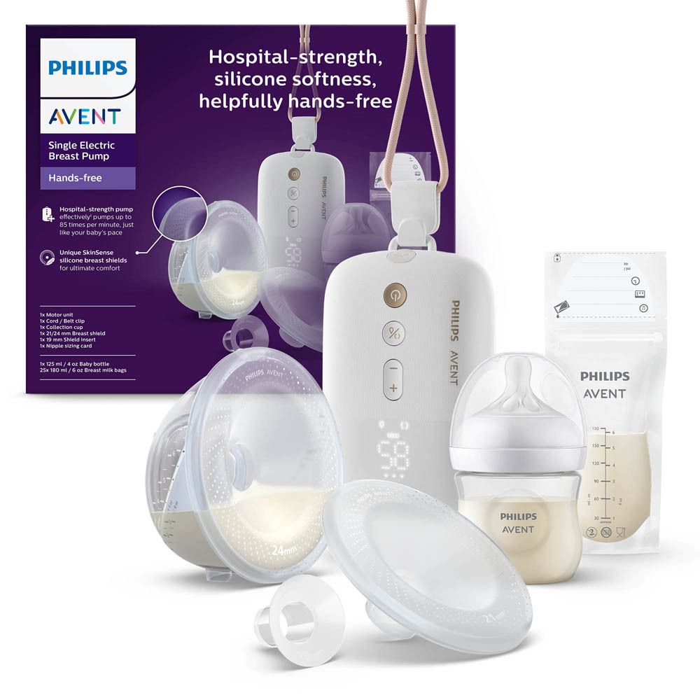 Philips AVENT tire-lait électrique simple. Illustration du produit avec pompe, biberons et accessoires.