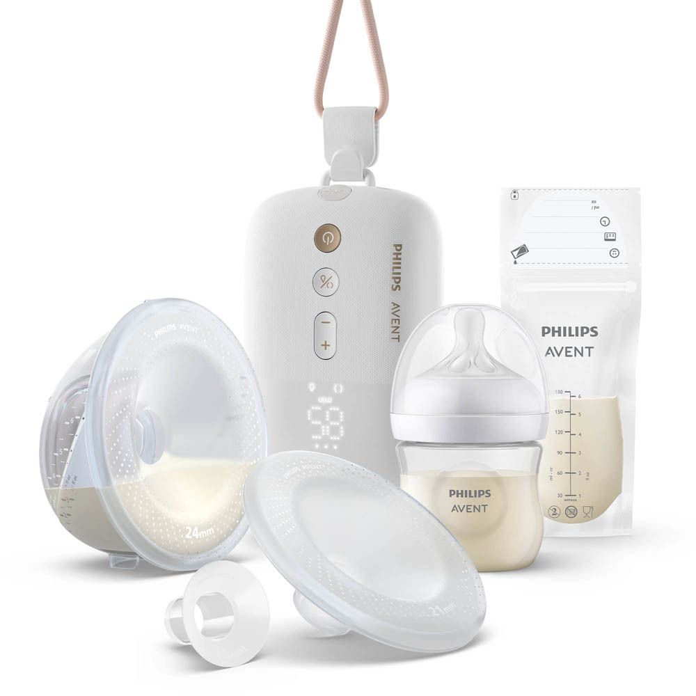 Philips AVENT tire-lait électrique simple. Illustration du produit avec pompe, biberons et accessoires.