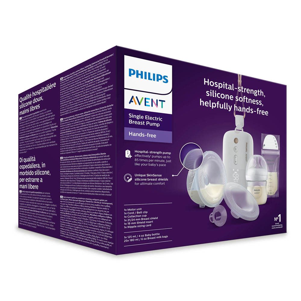 Philips AVENT tire-lait électrique simple. Emballage avec illustration du produit. Pompe, biberons et accessoires.