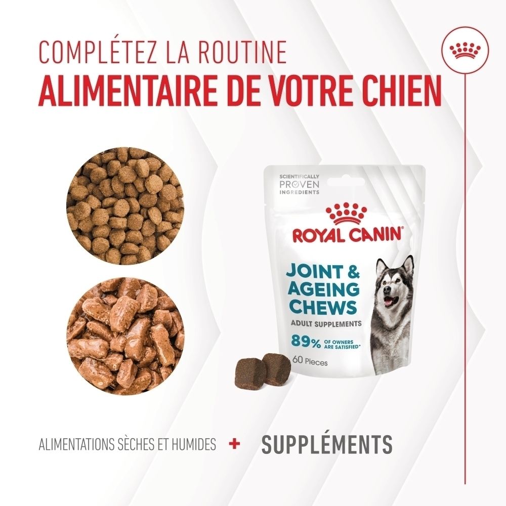 Sachet Royal Canin pour suppléments articulaires et vieillissement, avec image de chien et texte sur ingrédients.