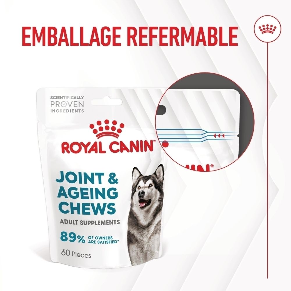 Sachet Royal Canin pour suppléments articulaires et vieillissement, avec image de chien et texte sur ingrédients.