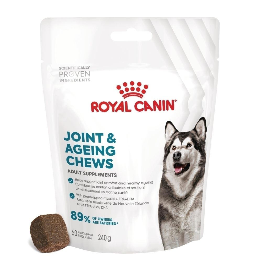 Sachet Royal Canin pour suppléments articulaires et vieillissement, avec image de chien et texte sur ingrédients.
