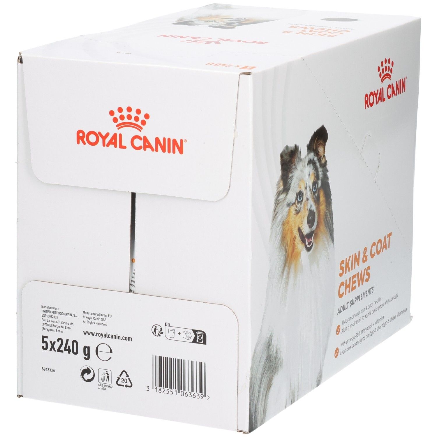 Royal Canin Skin & Coat Chews : Arrière du carton indiquant 5x240g et le code-barres.
