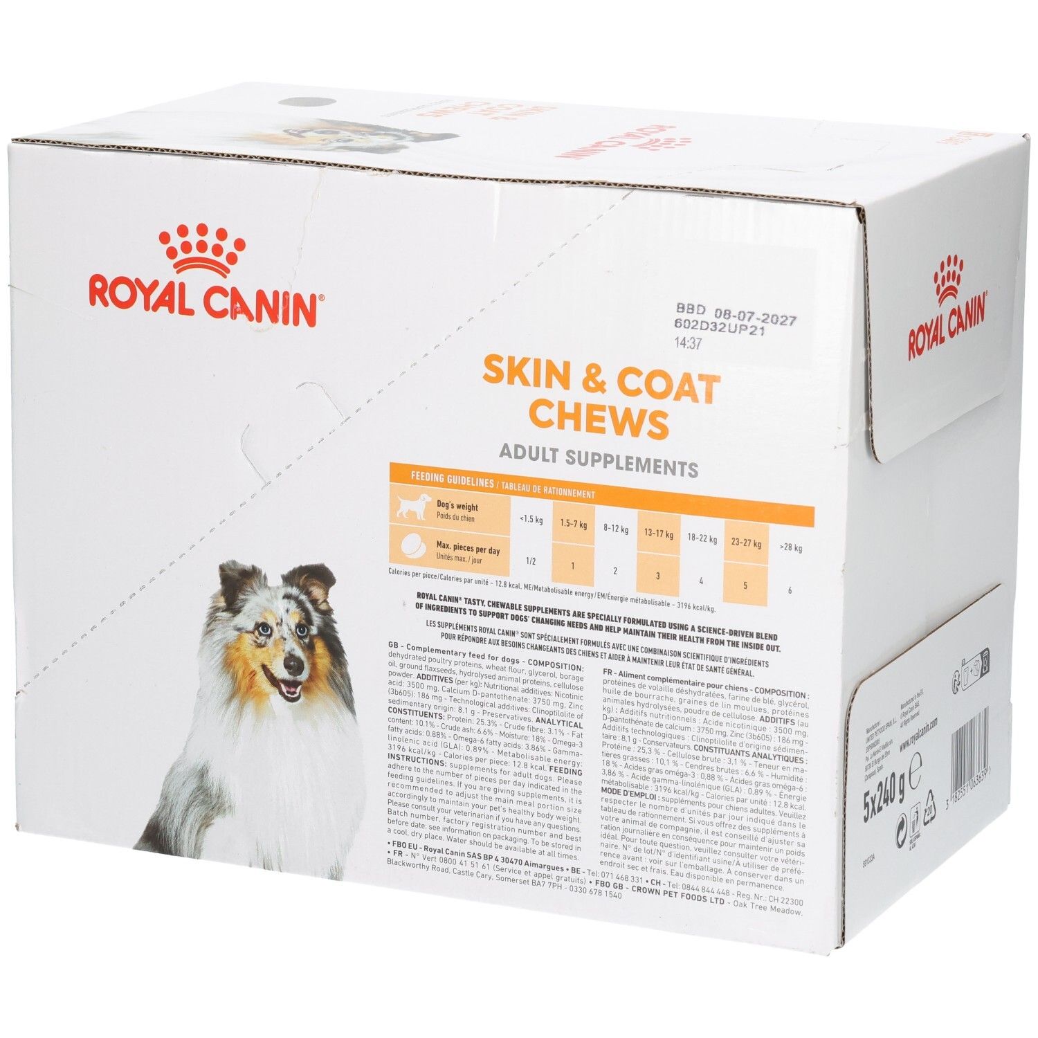 Royal Canin Skin & Coat Chews : Vue latérale du carton avec tableau de dosage.