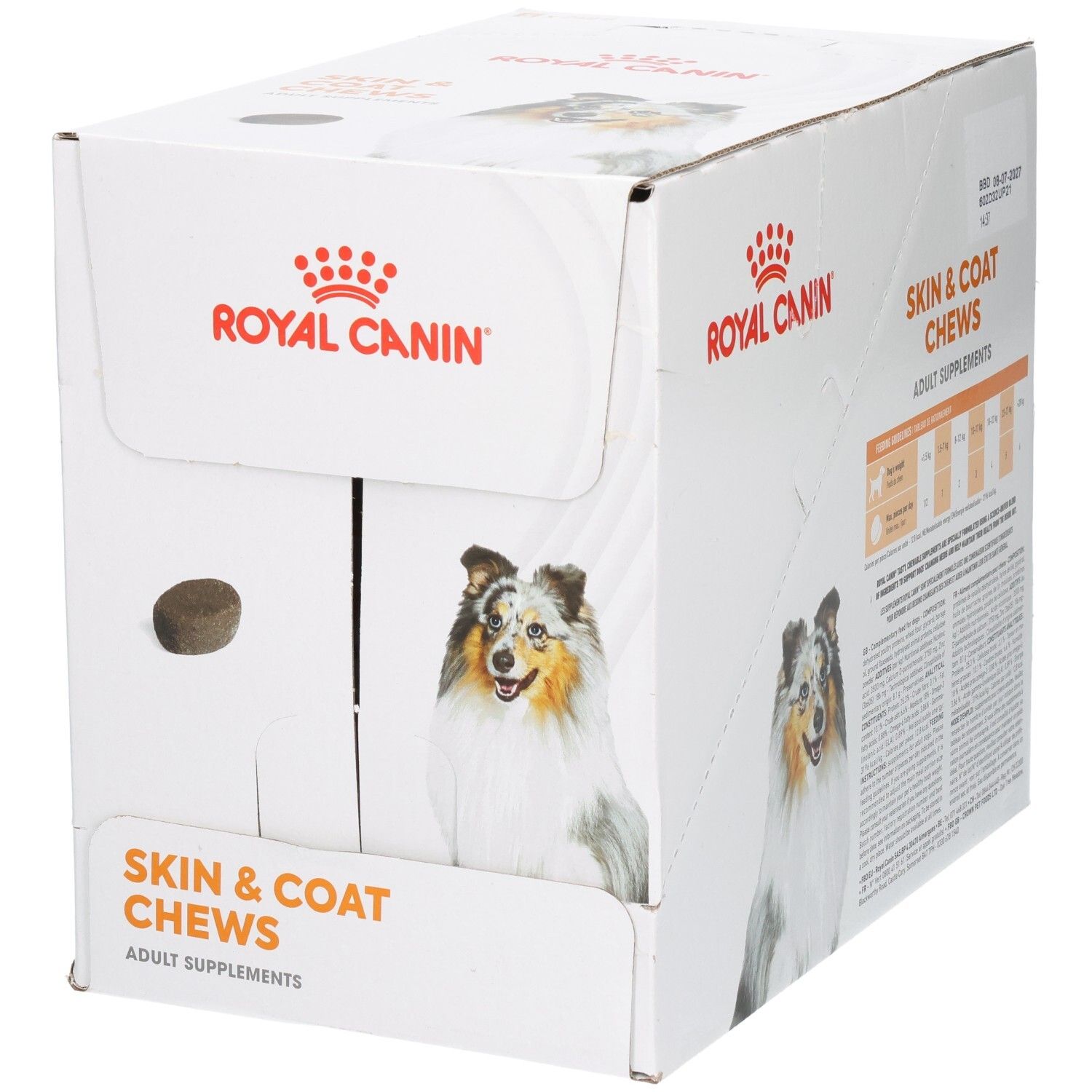 Royal Canin Skin & Coat Chews : Carton avec une friandise et image de chien.