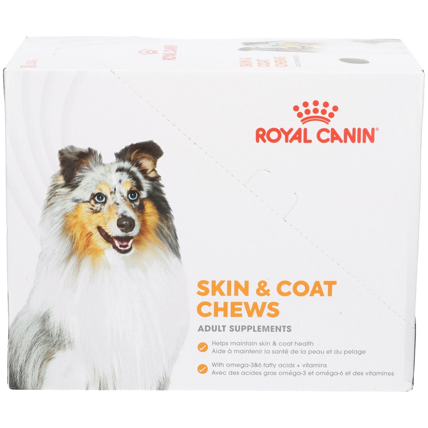 Royal Canin Skin & Coat Chews : Carton avec image de chien et informations produit.