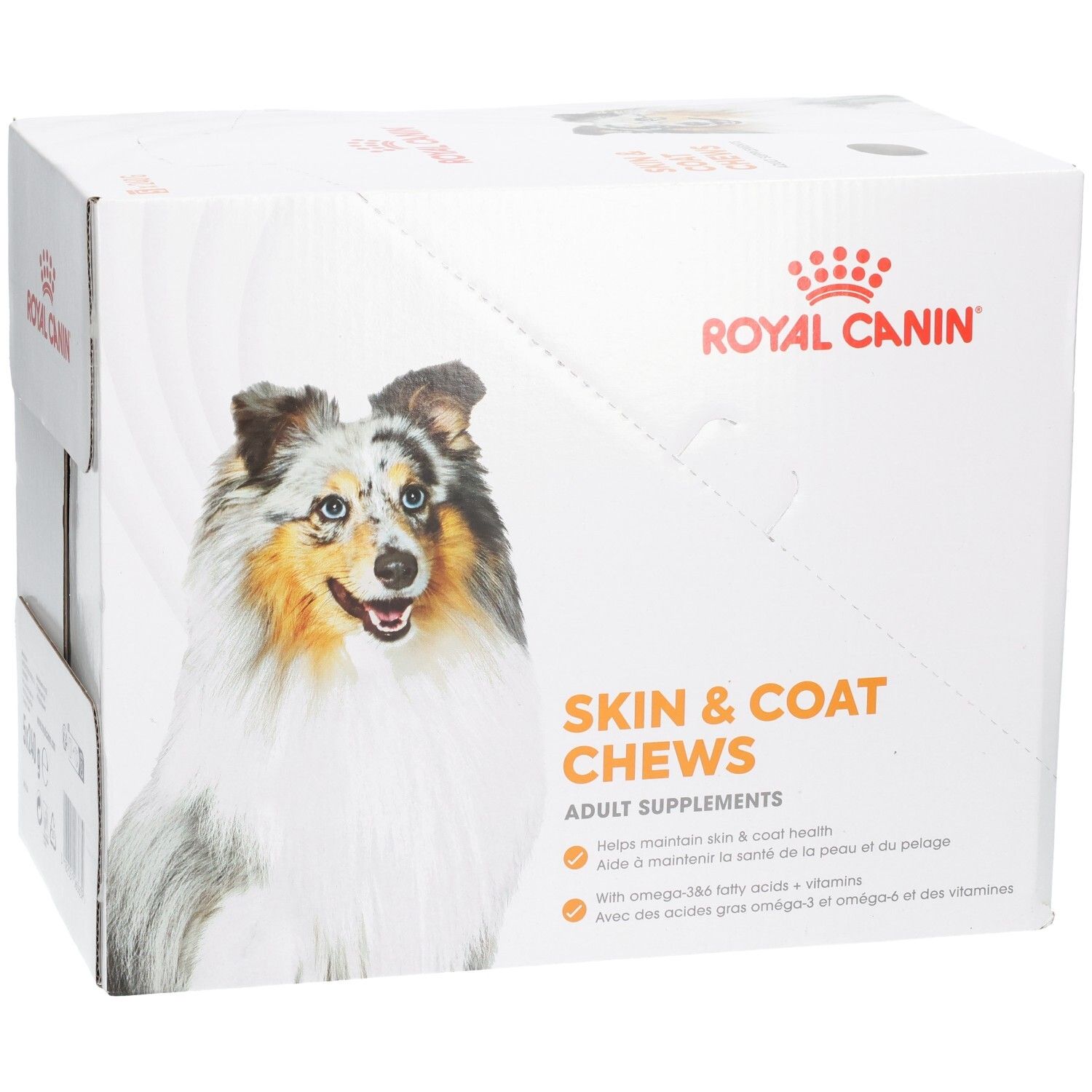 Royal Canin Skin & Coat Chews : Carton avec image de chien et informations produit.