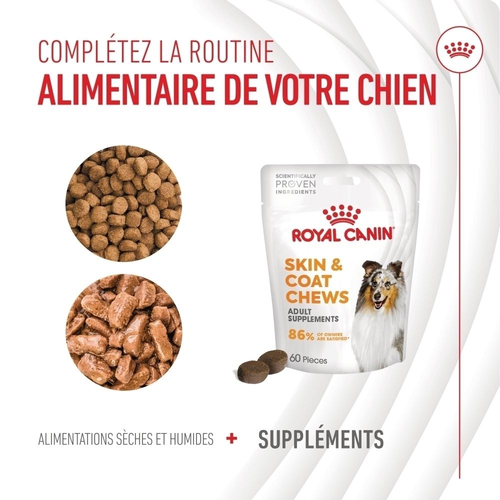 Royal Canin Skin & Coat Chews, tableau de dosage pour chiens selon le poids.