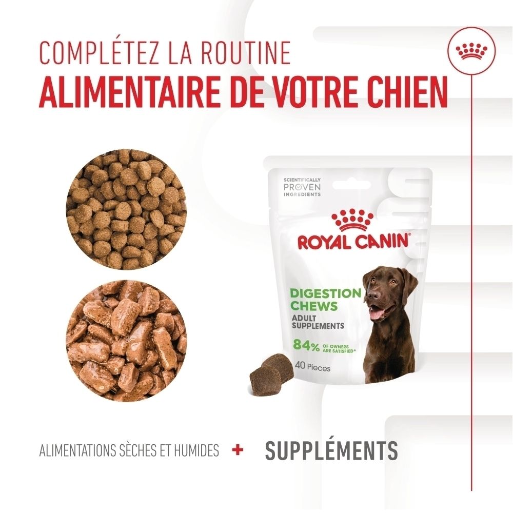 Friandises digestives Royal Canin, sachet avec image de chien et taux de satisfaction de 84%.