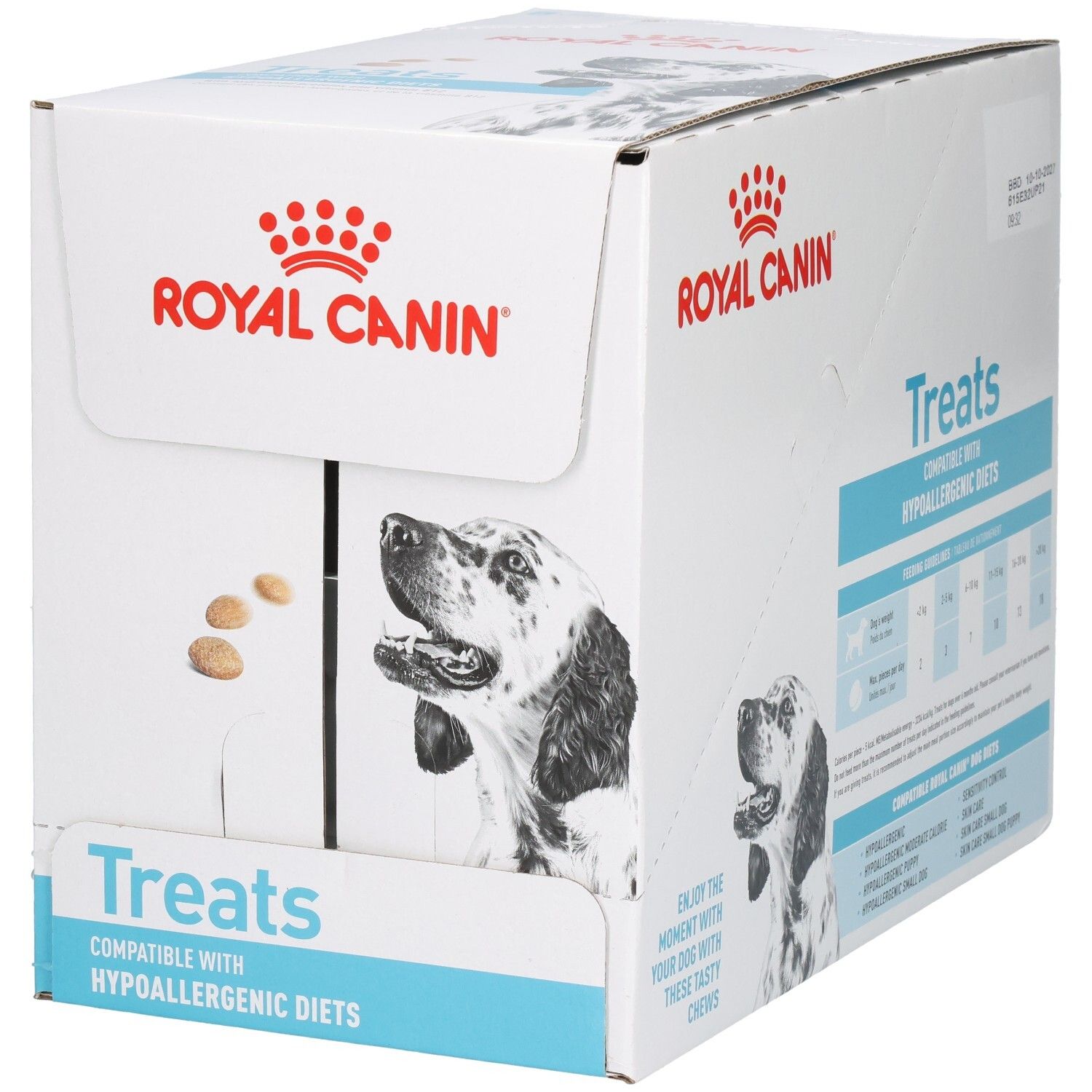Boîte Royal Canin VET-D Treats Hypo avec images de chiens et informations produit.