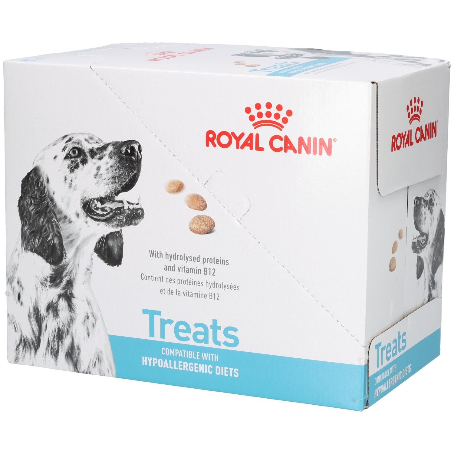 Boîte Royal Canin VET-D Treats Hypo, face avant avec chien et représentation de friandises.
