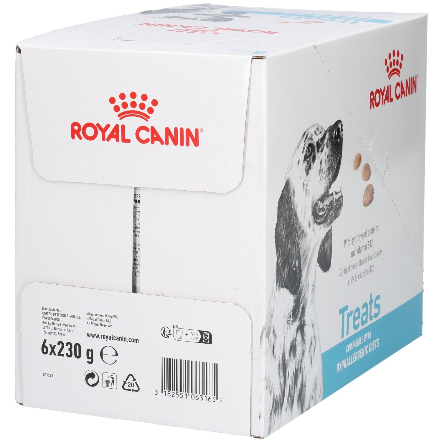 Boîte Royal Canin VET-D Treats Hypo, arrière avec informations produit et code-barres.