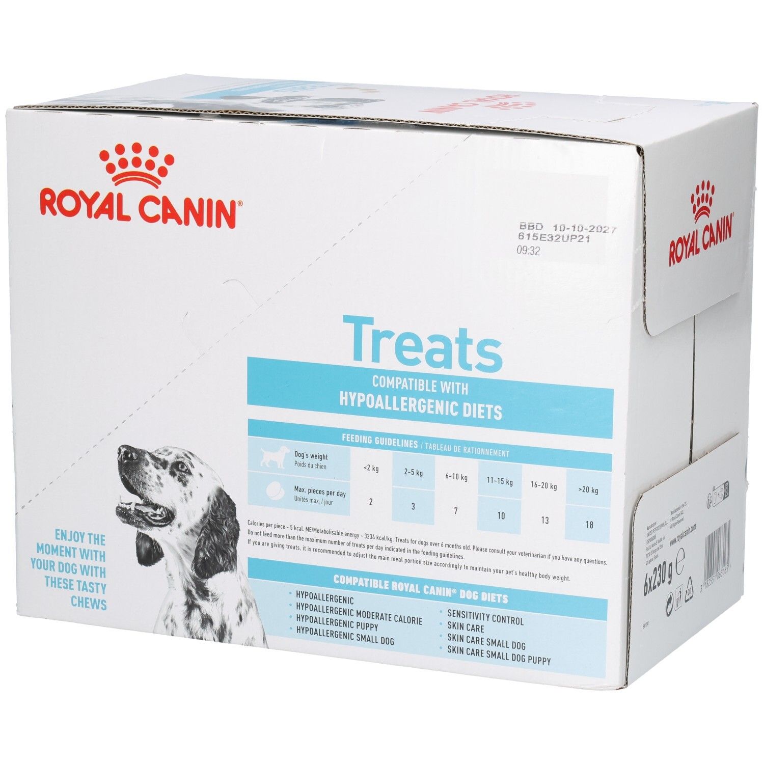 Boîte Royal Canin VET-D Treats Hypo, côté avec recommandations alimentaires et bénéfices produit.