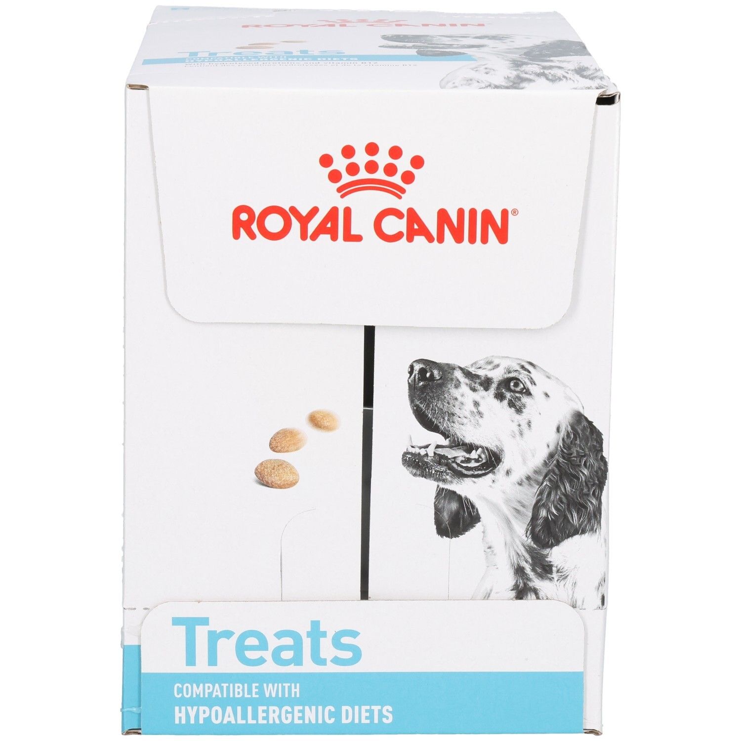 Boîte Royal Canin VET-D Treats Hypo, face avant avec chien et représentation de friandises.