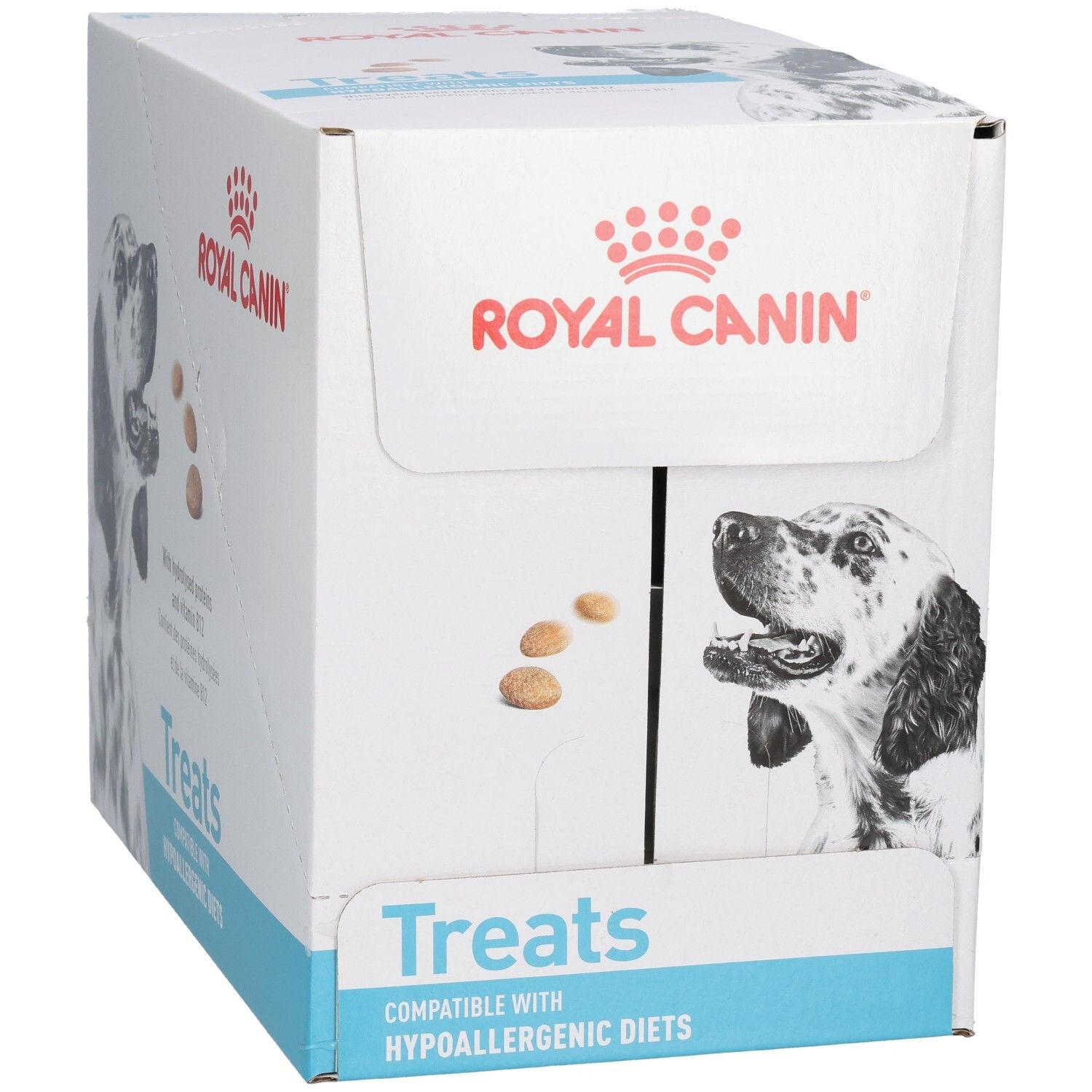 Boîte Royal Canin VET-D Treats Hypo, face avant avec chien et représentation de friandises.