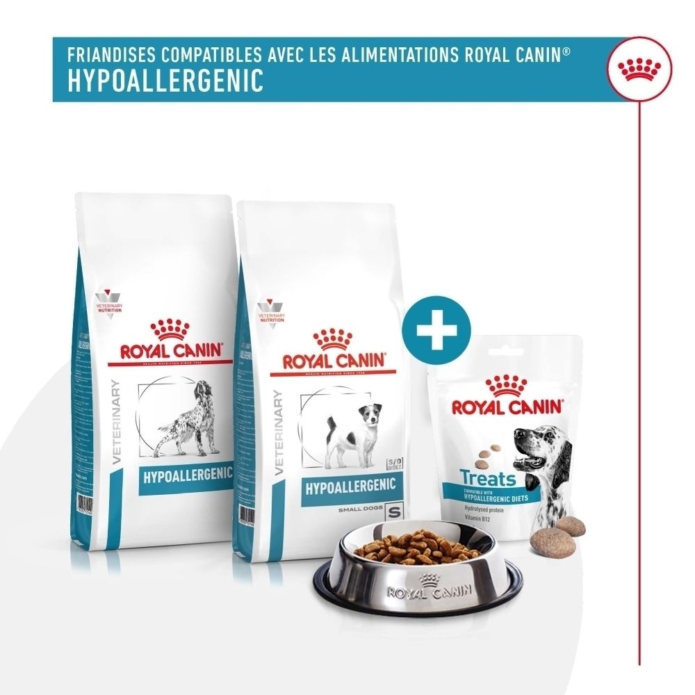 Nourriture et friandises hypoallergéniques Royal Canin pour chiens, différentes tailles, avec un bol de nourriture.