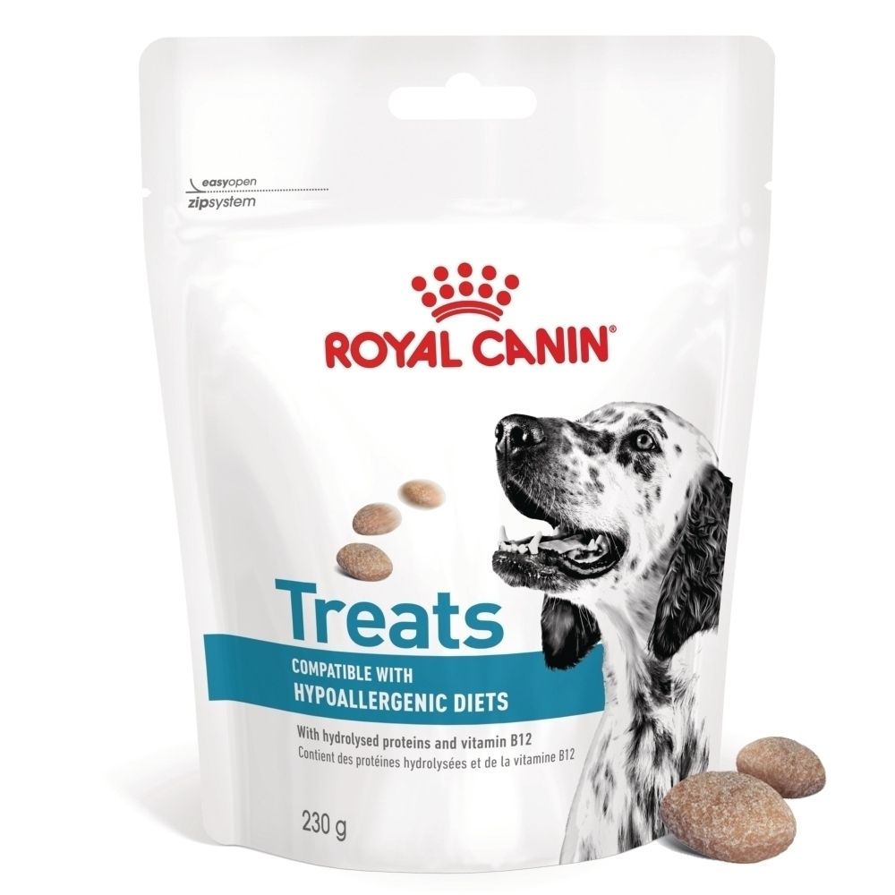 Sachet de friandises Royal Canin, 230g, pour régimes hypoallergéniques.