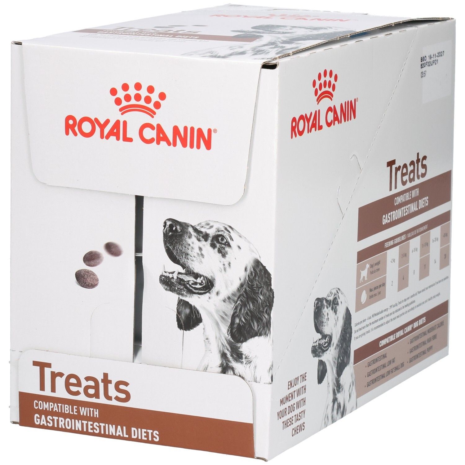 Boîte Royal Canin Treats avec image de chien et informations produit.