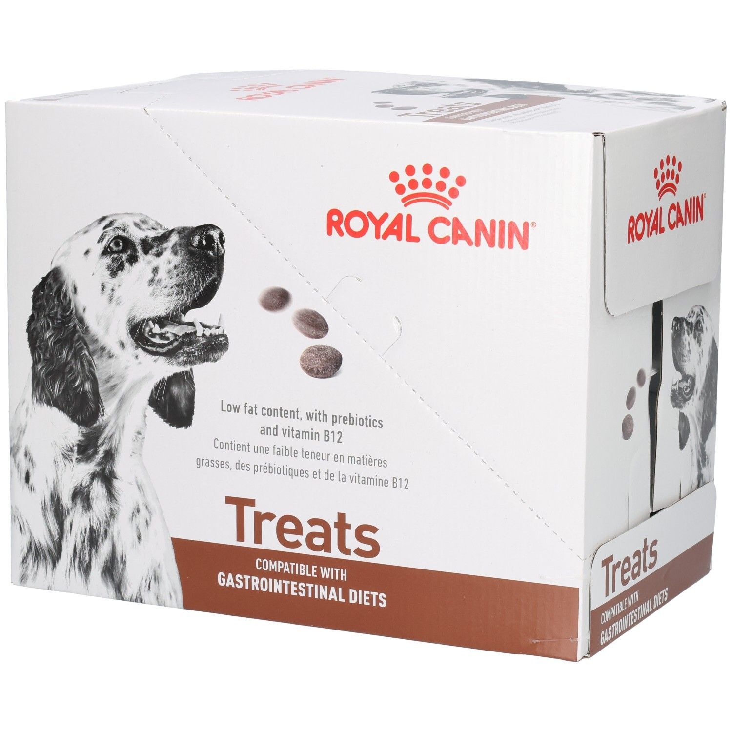 Boîte Royal Canin Treats avec image de chien, informations produit et détails sur les ingrédients.