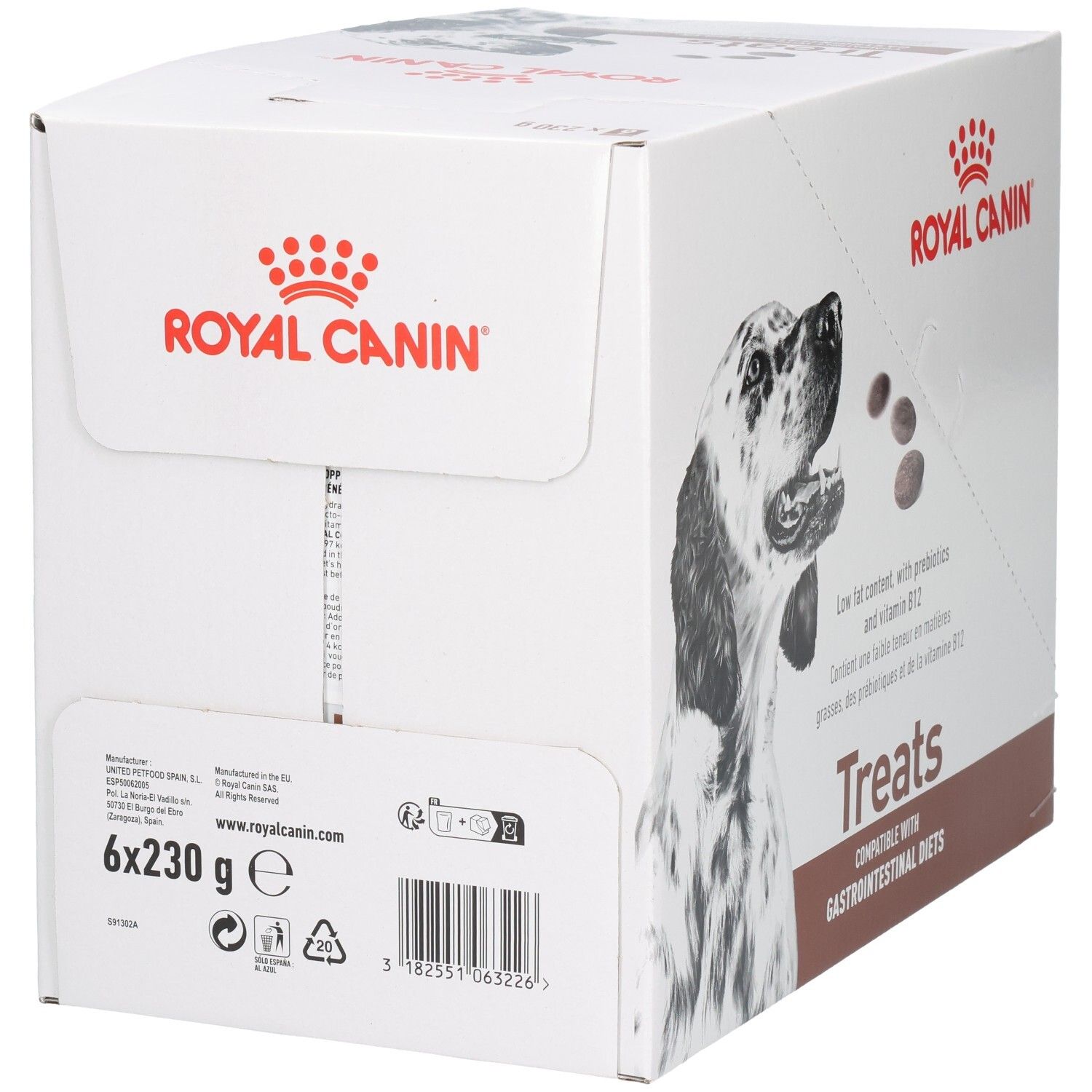 Boîte Royal Canin Treats avec informations produit, code-barres et indication 6x230g.