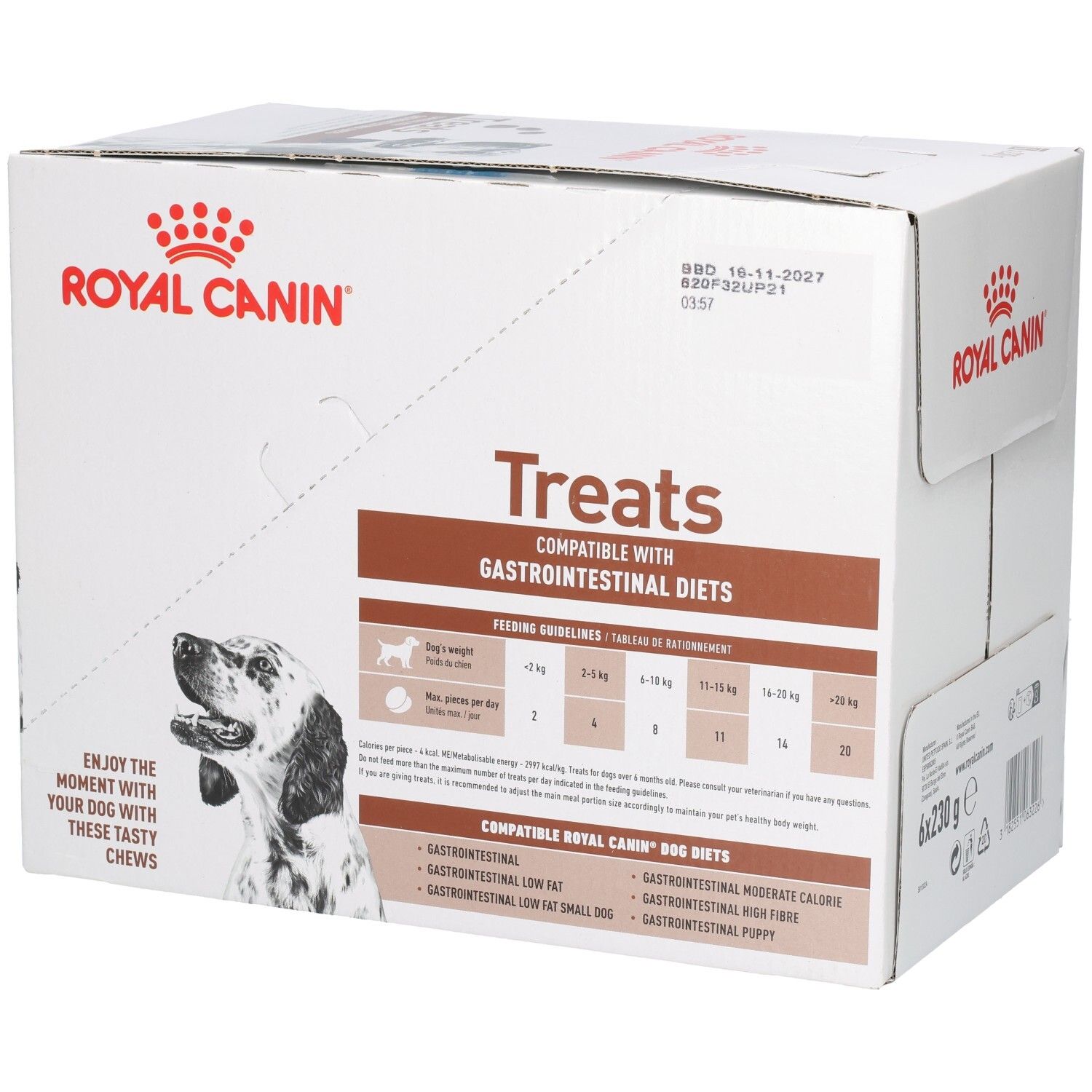 Boîte Royal Canin Treats avec image de chien, recommandations alimentaires et informations produit.