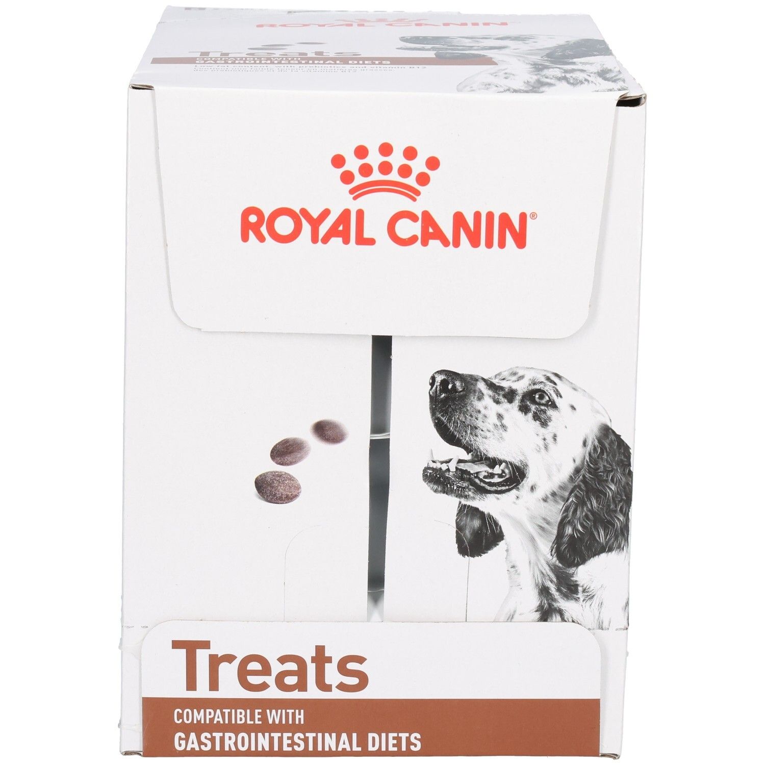 Boîte Royal Canin Treats avec image de chien et informations produit.