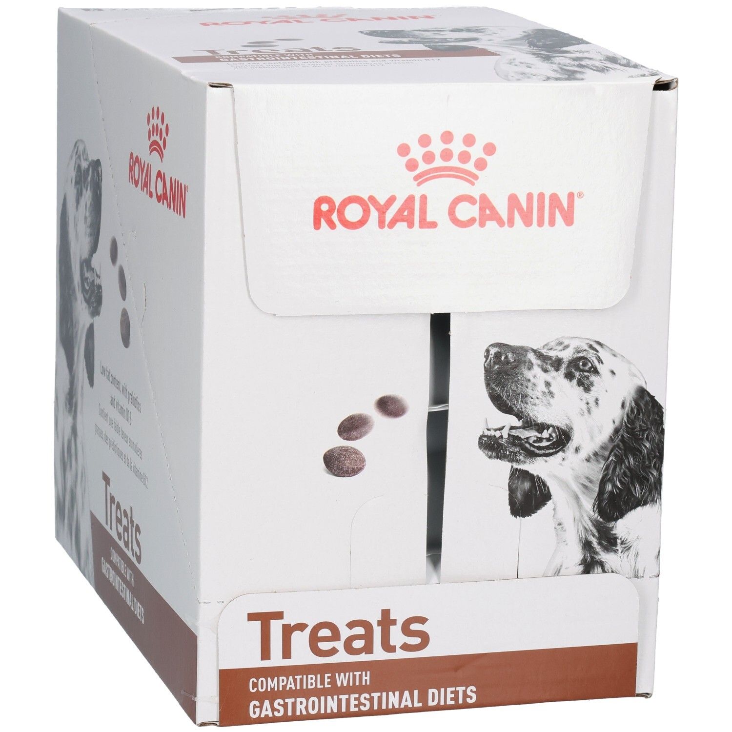 Boîte Royal Canin Treats avec image de chien et informations produit.