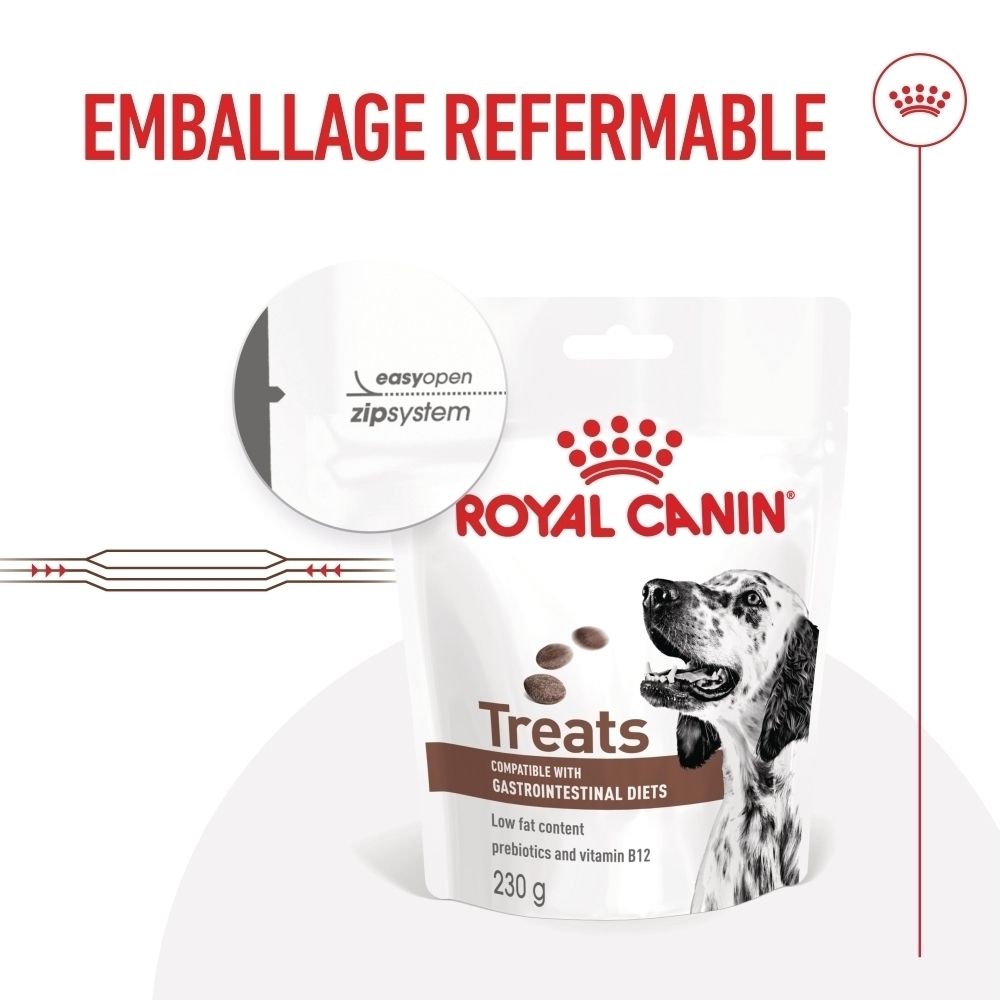 Friandises Royal Canin pour chien, sachet de 230g avec système zip. Pour régimes gastro-intestinaux.