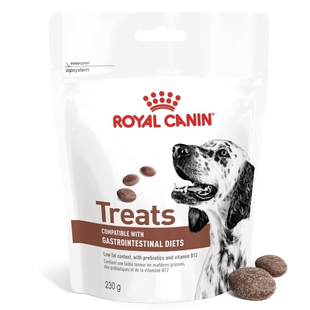Friandises Royal Canin pour chiens compatibles avec les régimes gastro-intestinaux, sachet de 230g avec un chien et des friandises.
