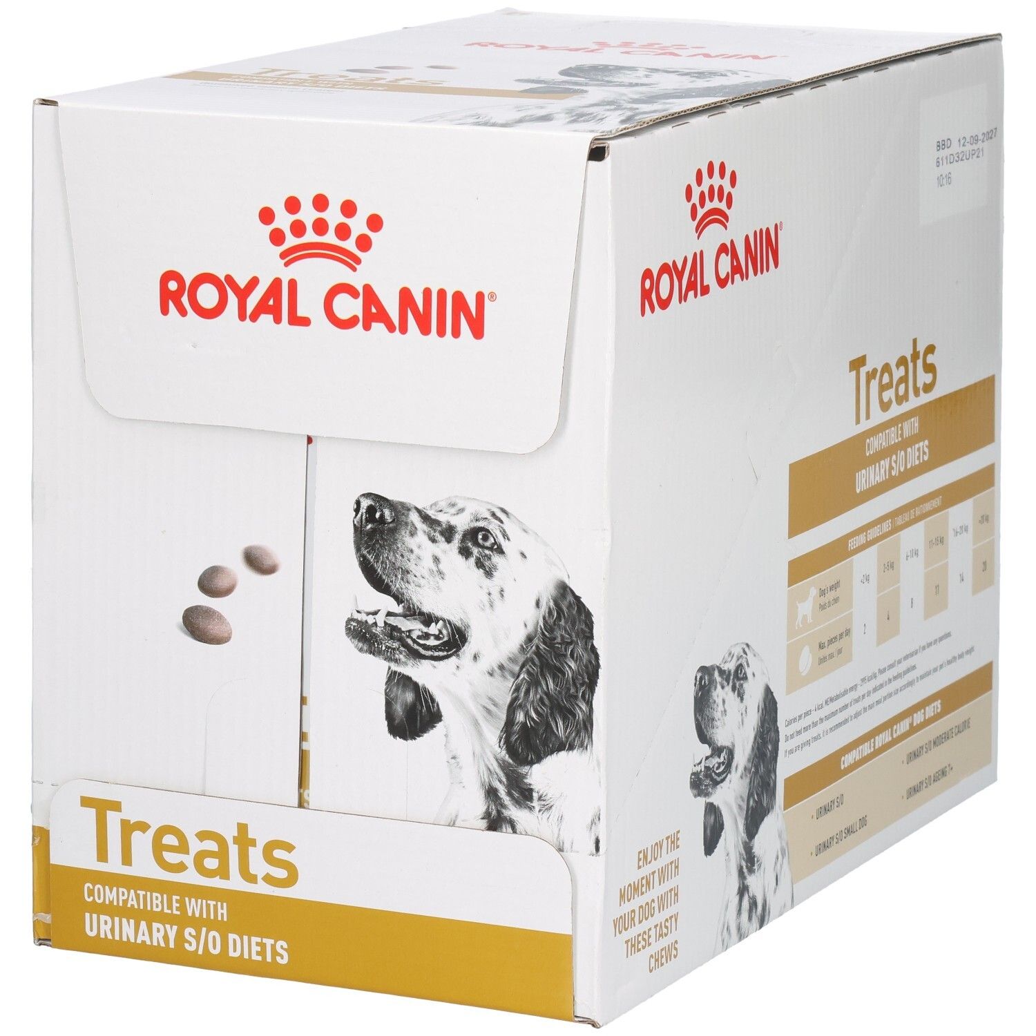 Boîte Royal Canin Treats avec image de chien et informations produit.