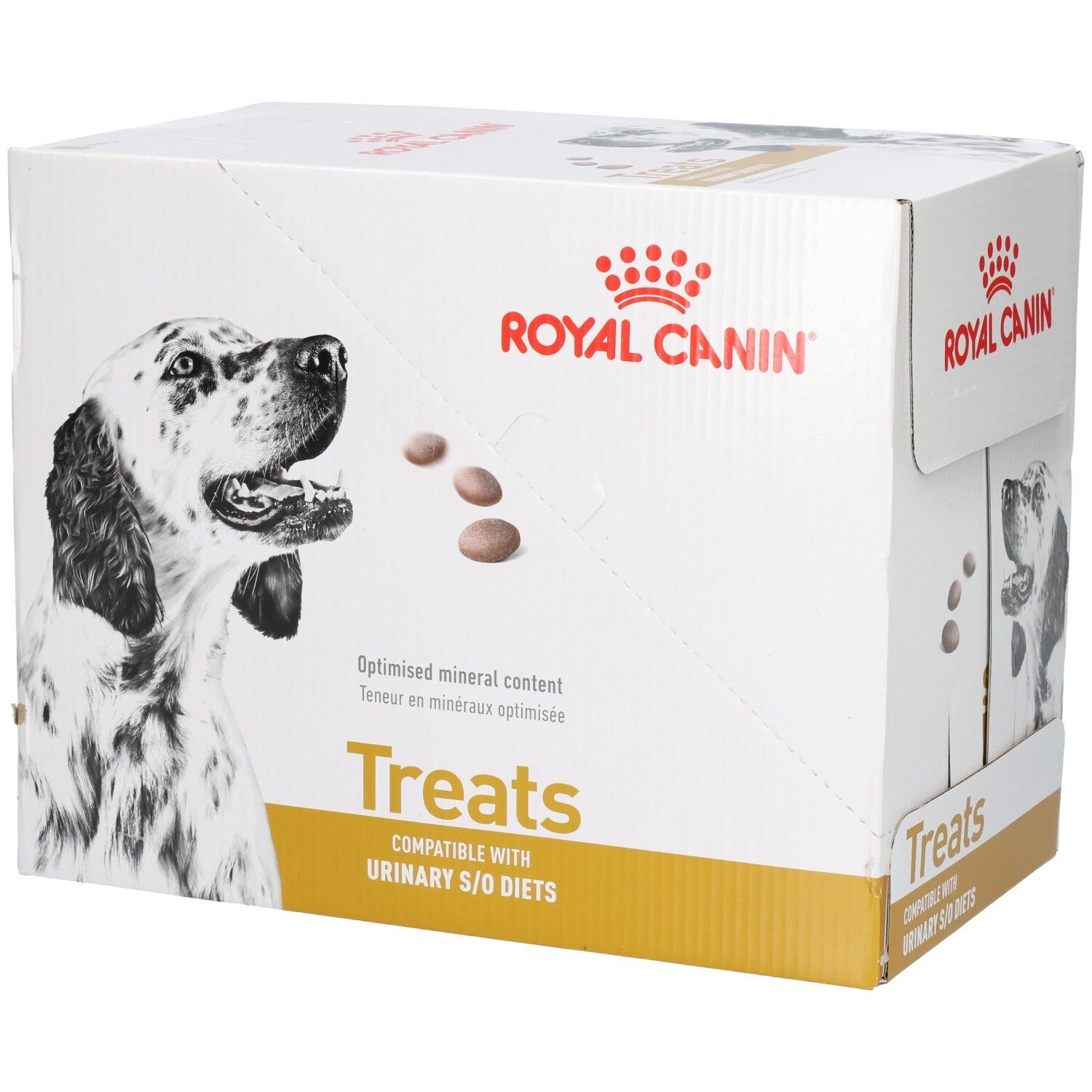 Boîte Royal Canin Treats avec image de chien, teneur minérale optimisée et informations produit.