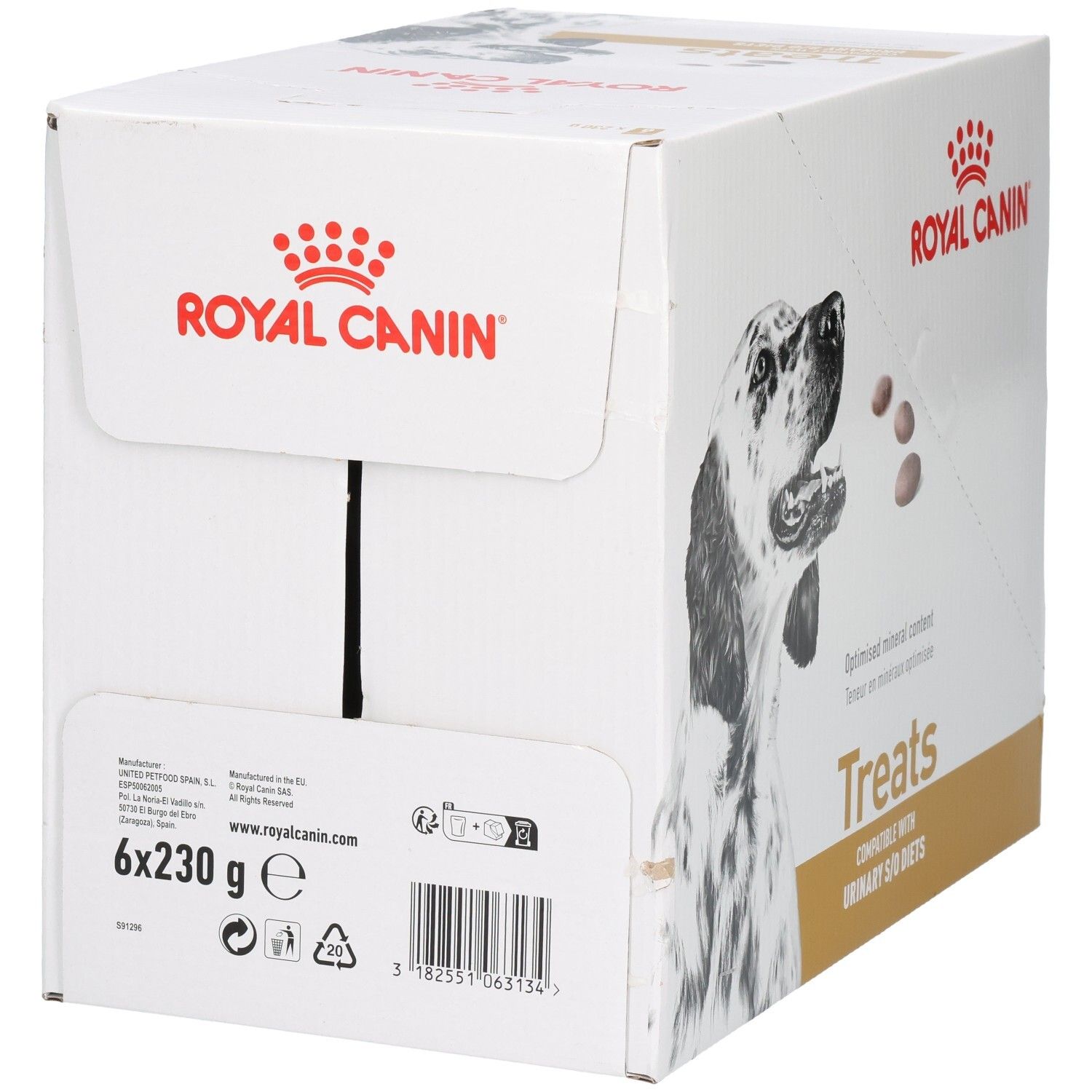 Boîte Royal Canin Treats, 6x230g, avec image de chien et informations produit.