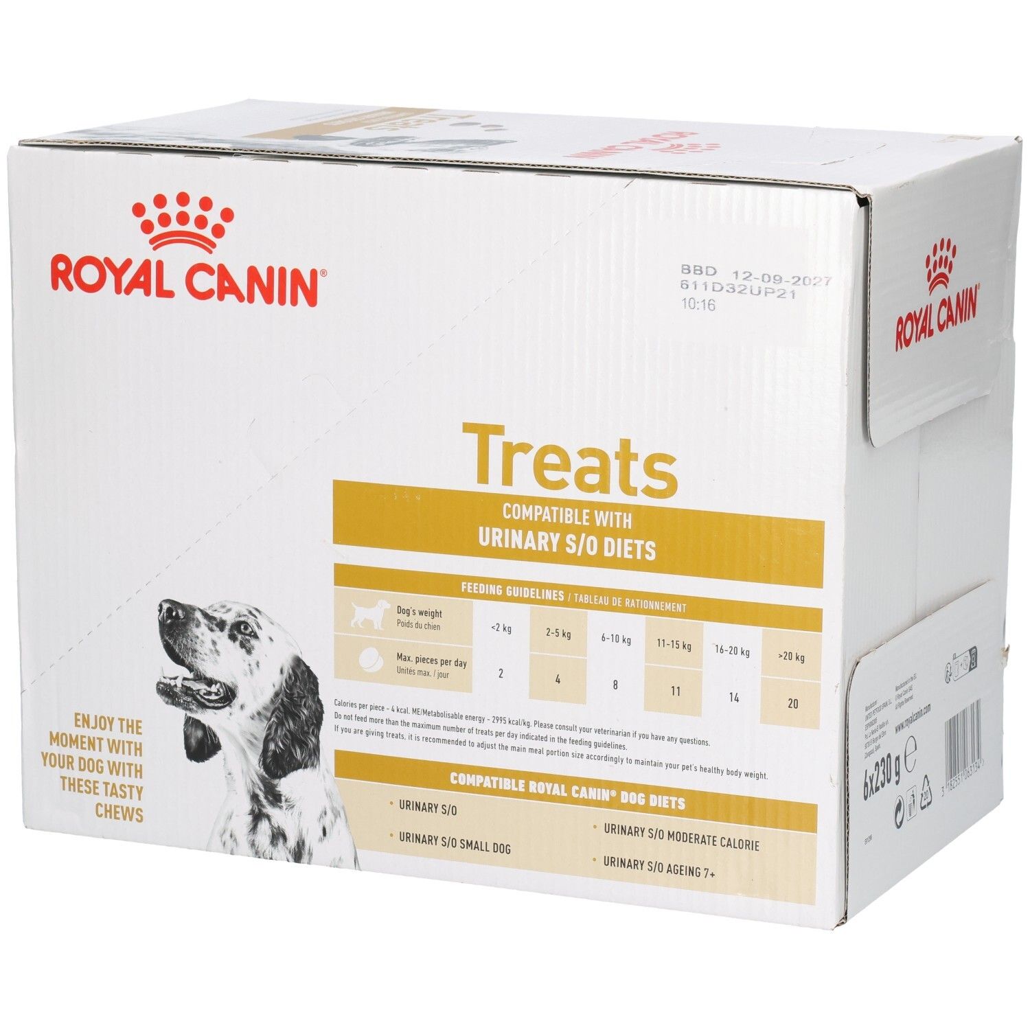 Boîte Royal Canin Treats avec recommandations alimentaires et informations produit.