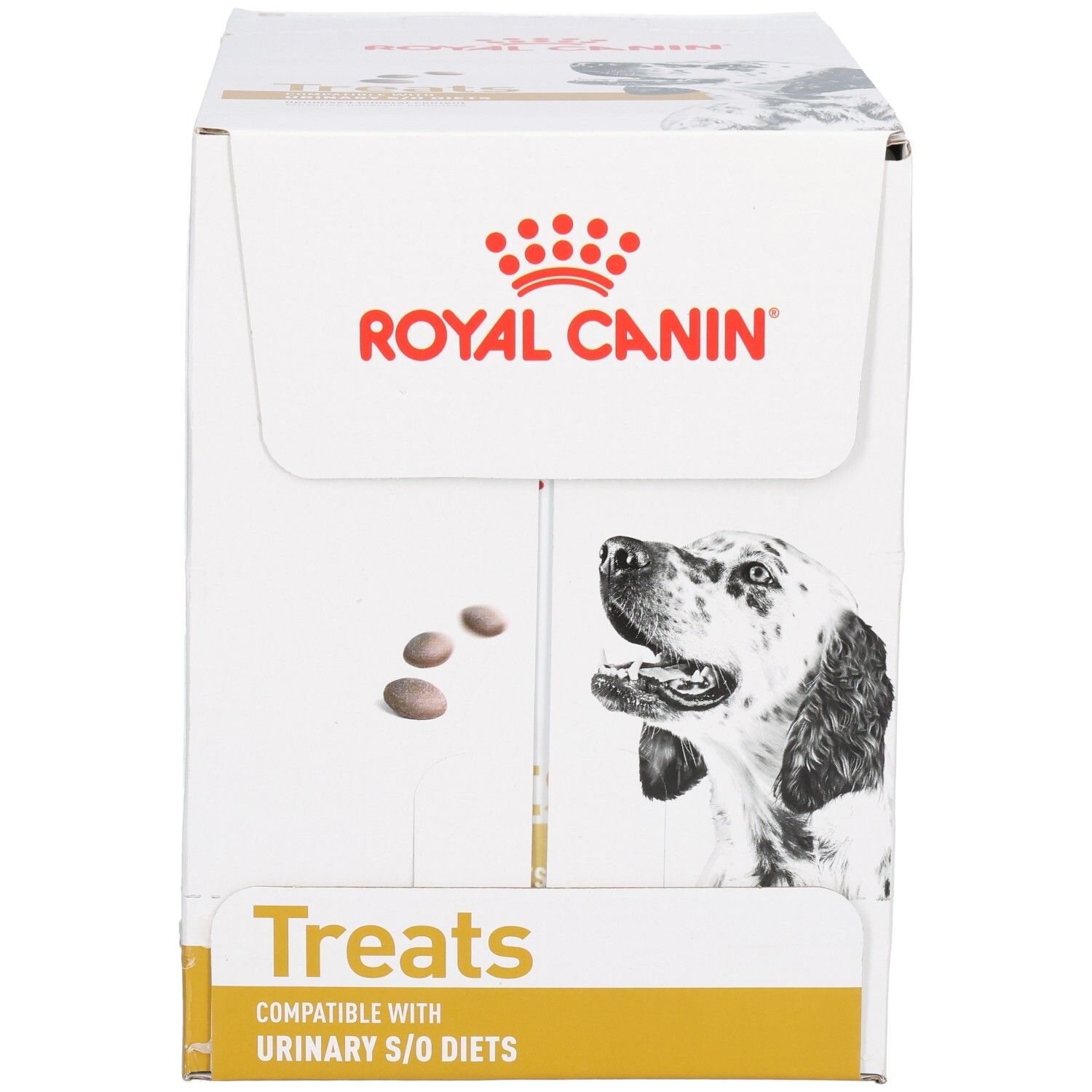 Boîte Royal Canin Treats avec image de chien, recommandations alimentaires et informations produit.