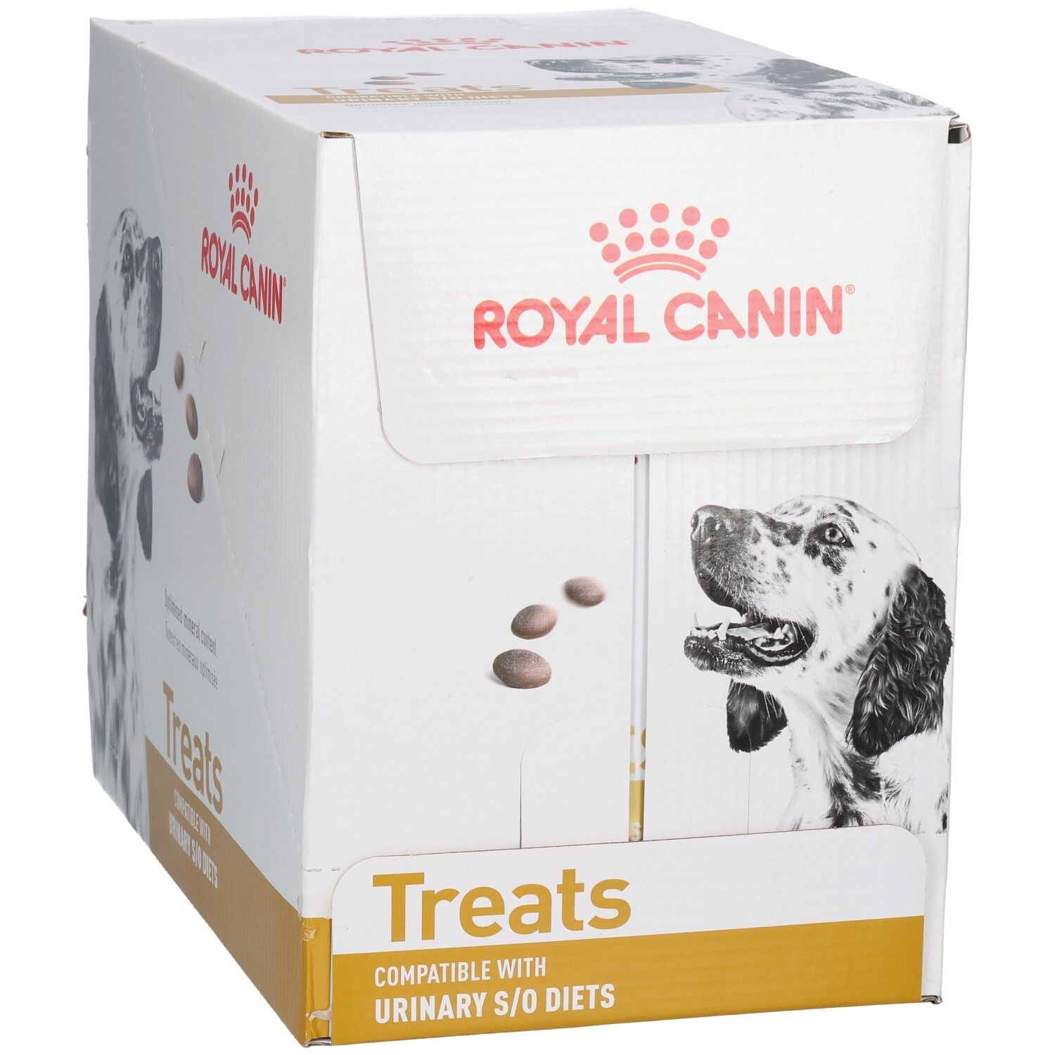 Boîte Royal Canin Treats avec image de chien et informations produit.