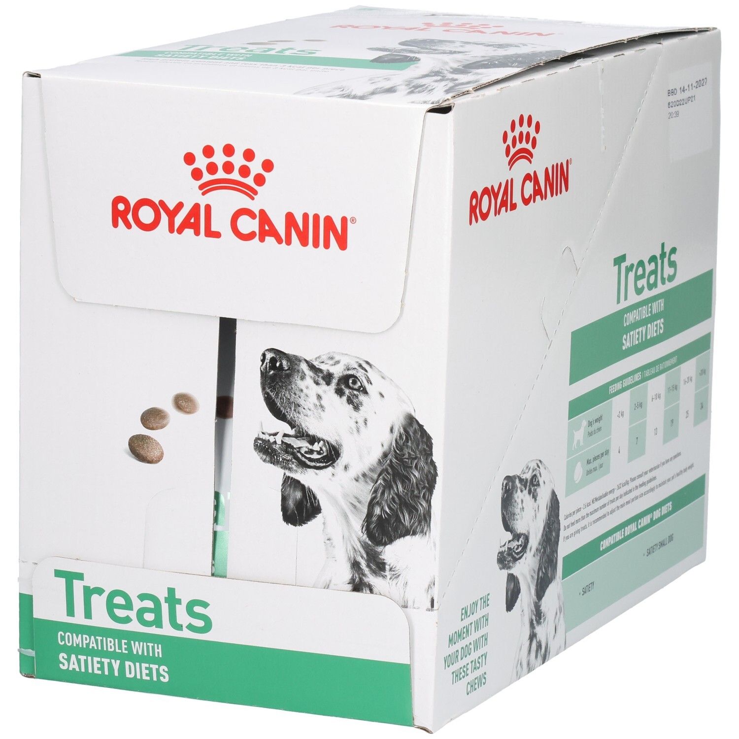 Boîte Royal Canin VET-D Treats Satiety avec image de chien et informations produit.