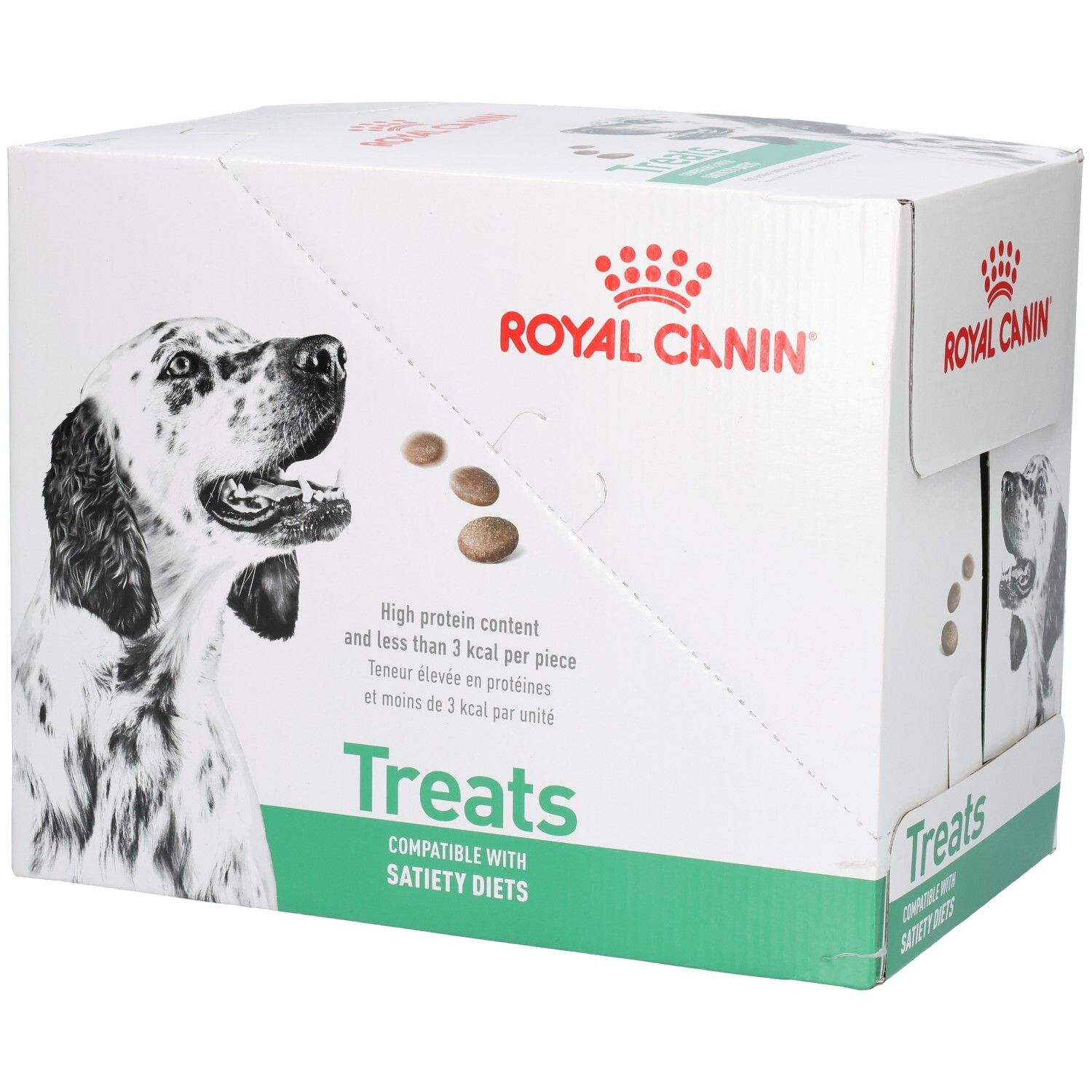 Boîte Royal Canin VET-D Treats Satiety avec image de chien, informations nutritionnelles et produit.
