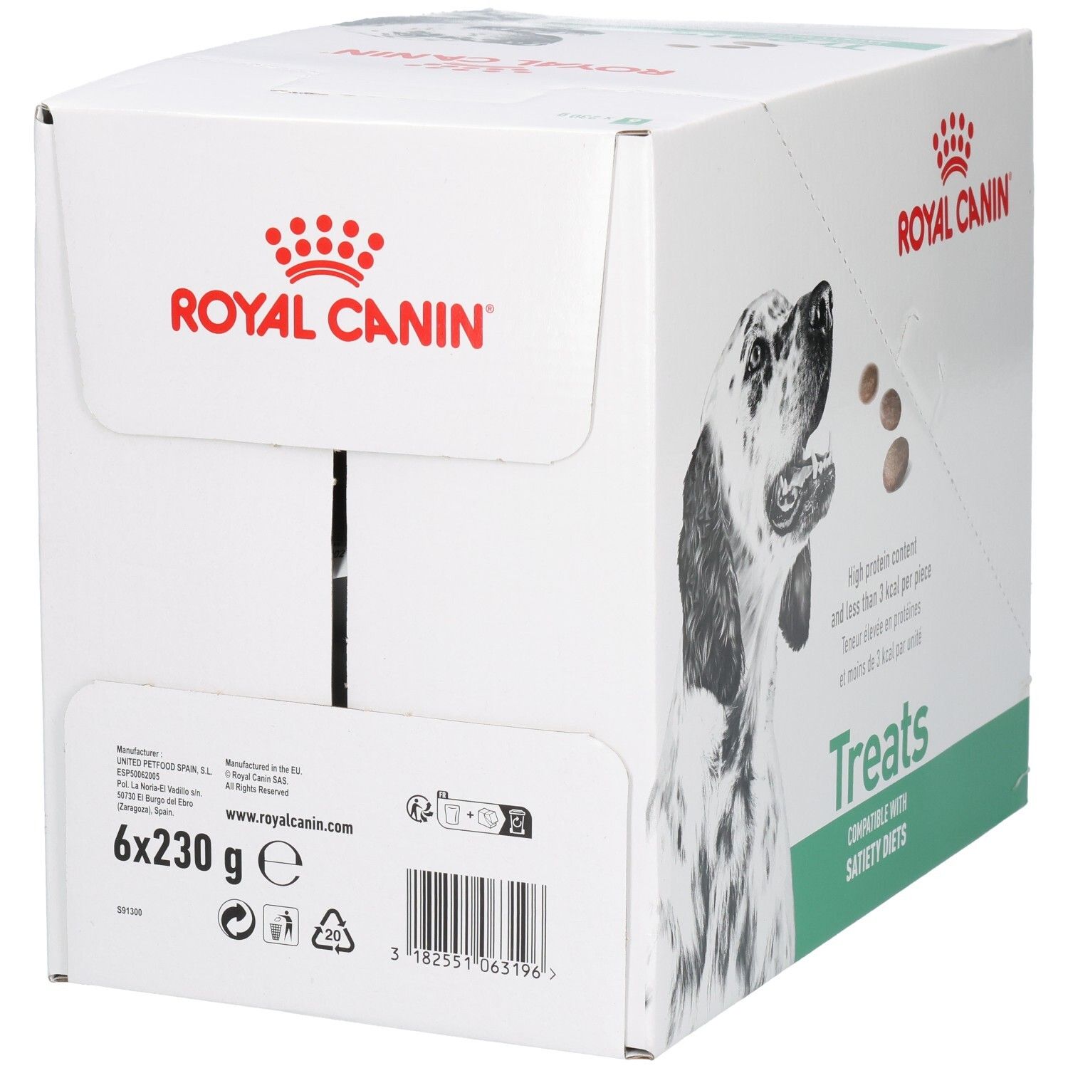 Boîte Royal Canin VET-D Treats Satiety indiquant 6x230g, code-barres et informations produit.