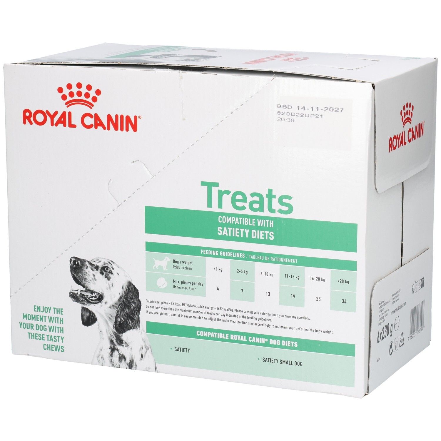 Boîte Royal Canin VET-D Treats Satiety avec recommandations alimentaires et informations produit.