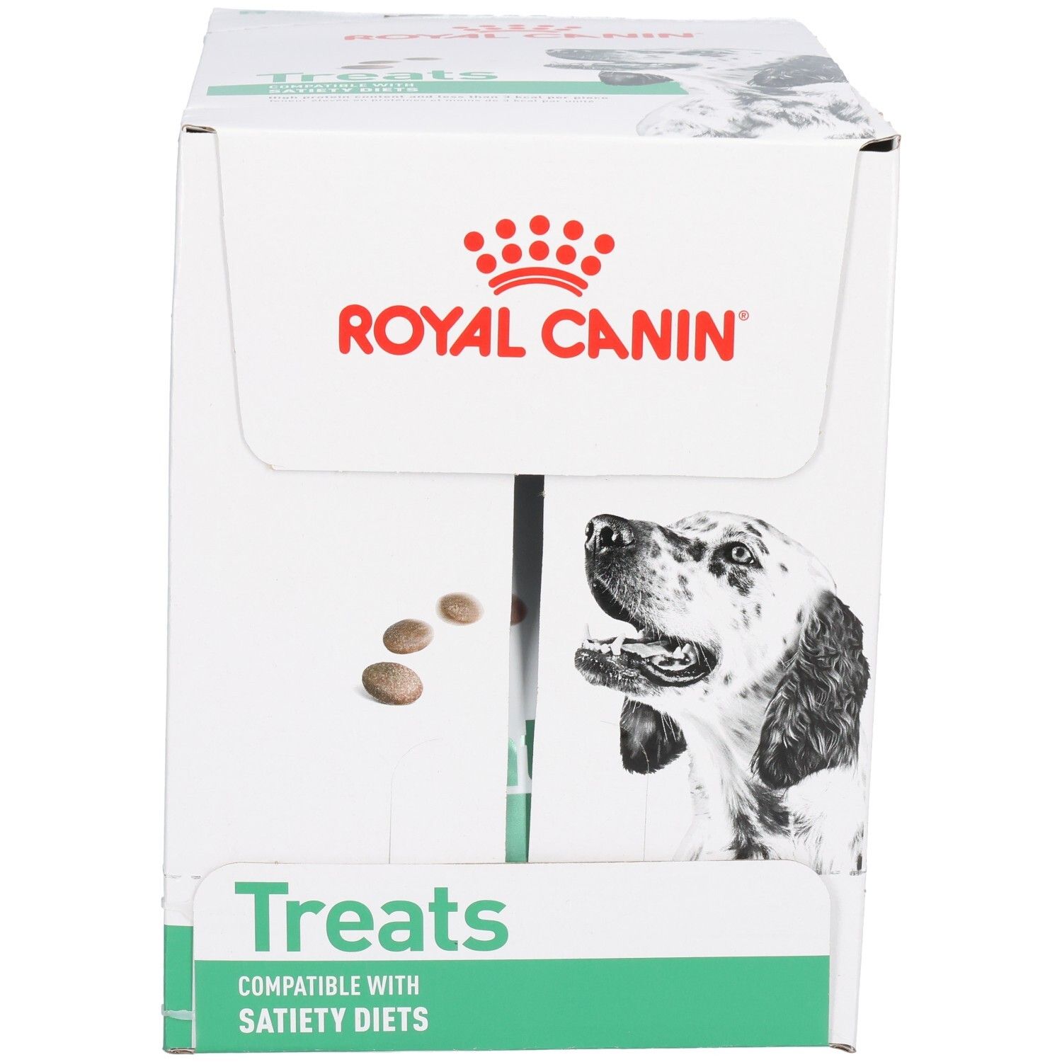 Boîte Royal Canin VET-D Treats Satiety avec image de chien et informations produit.