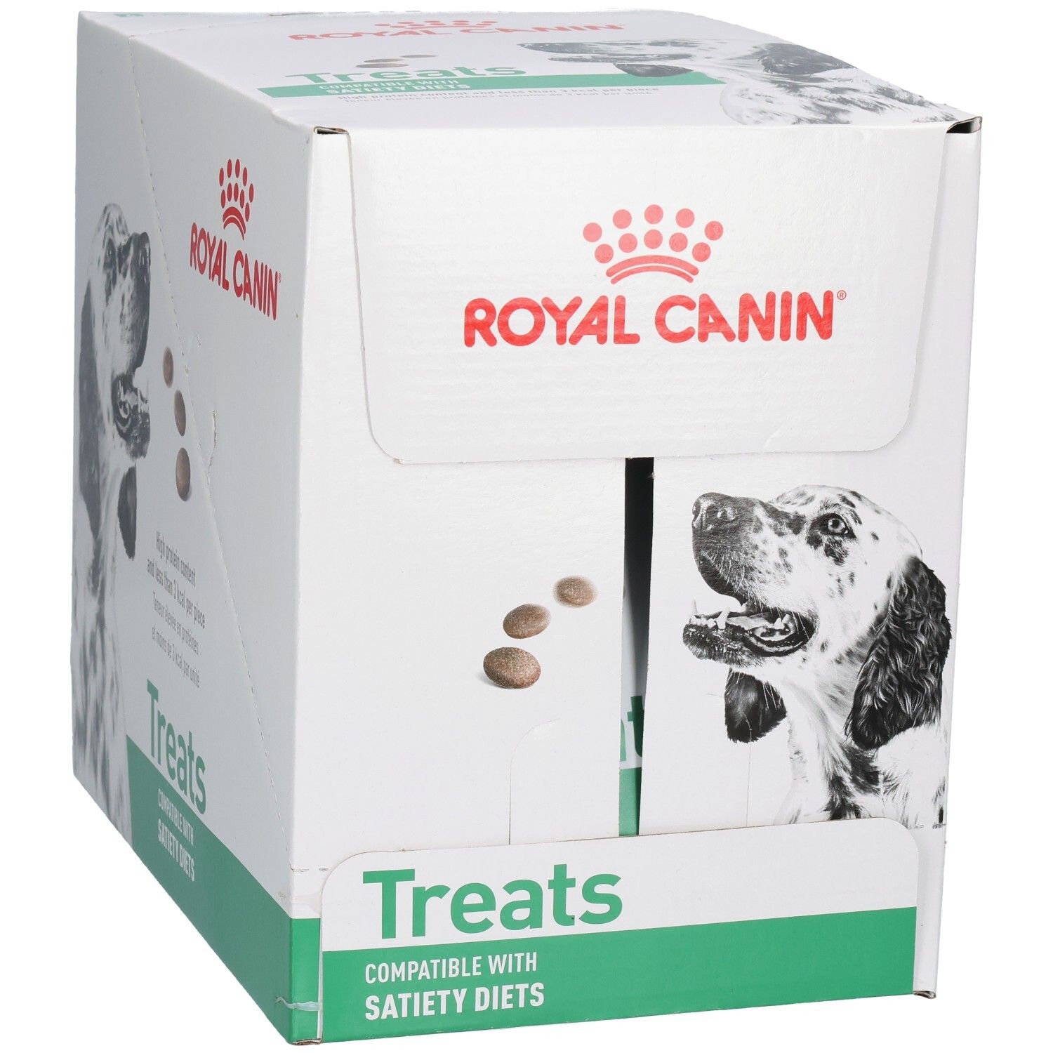 Boîte Royal Canin VET-D Treats Satiety avec image de chien et informations produit.