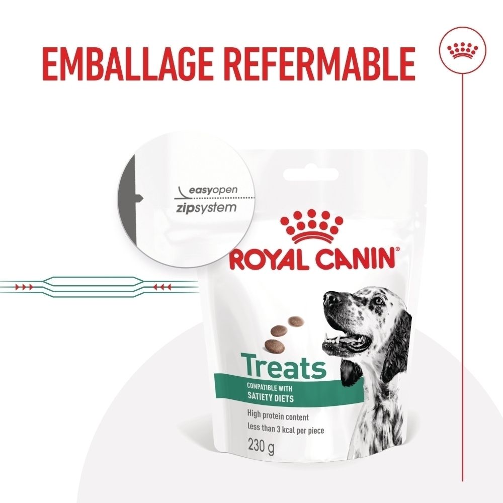 Sachet de friandises pour chien Royal Canin, 230g, avec système zip et image de chien.