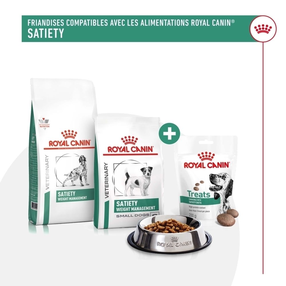 Nourriture pour chiens Royal Canin Satiety en différentes tailles d'emballage et une gamelle de nourriture.