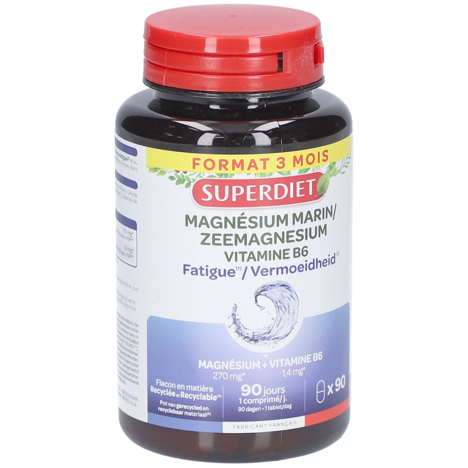 Flacon brun avec couvercle rouge. Inscription: Superdiet Magnésium Marin + Vitamine B6. 90 comprimés.